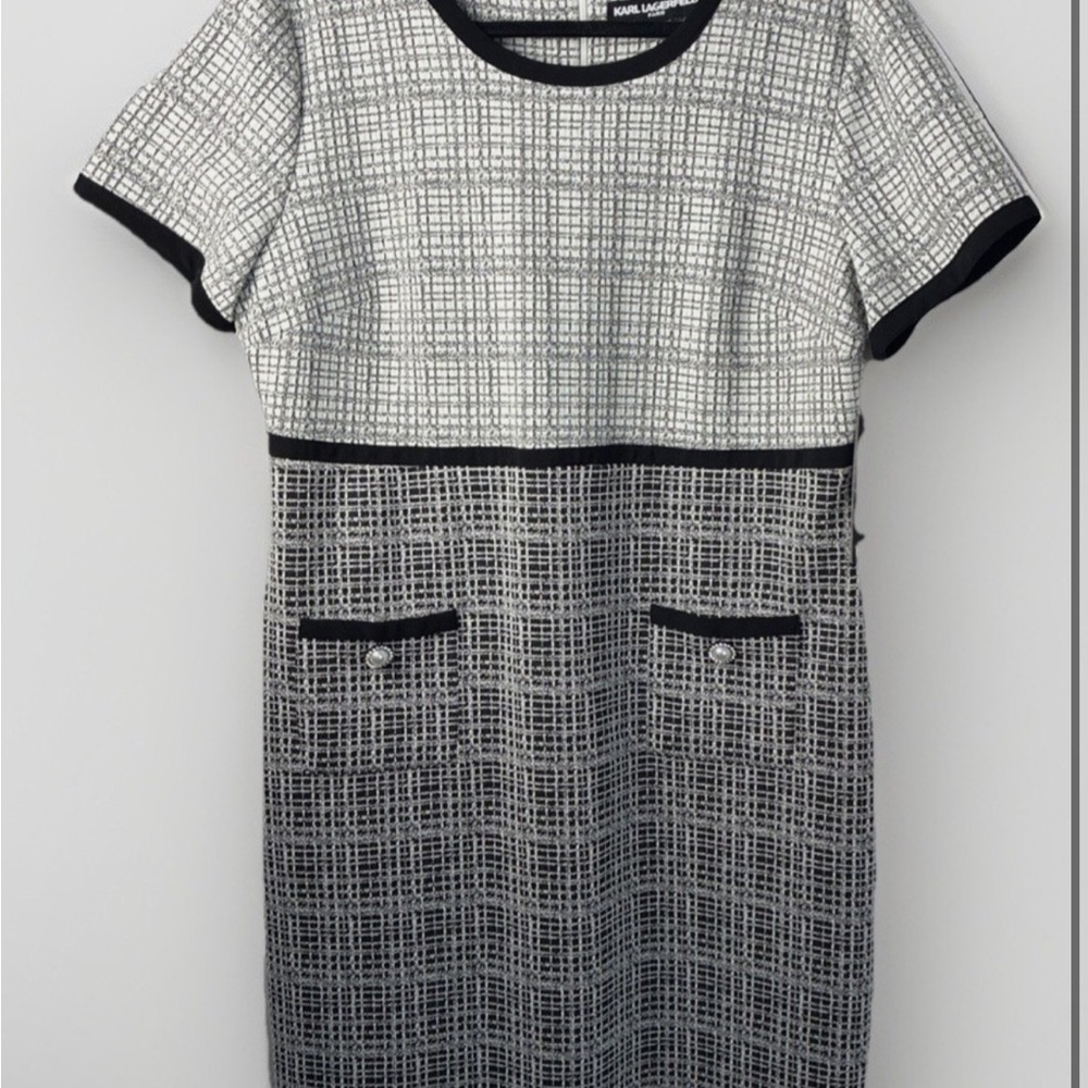 Karl Lagerfeld Black and White Tweed Shift Dress with Pocket Accents